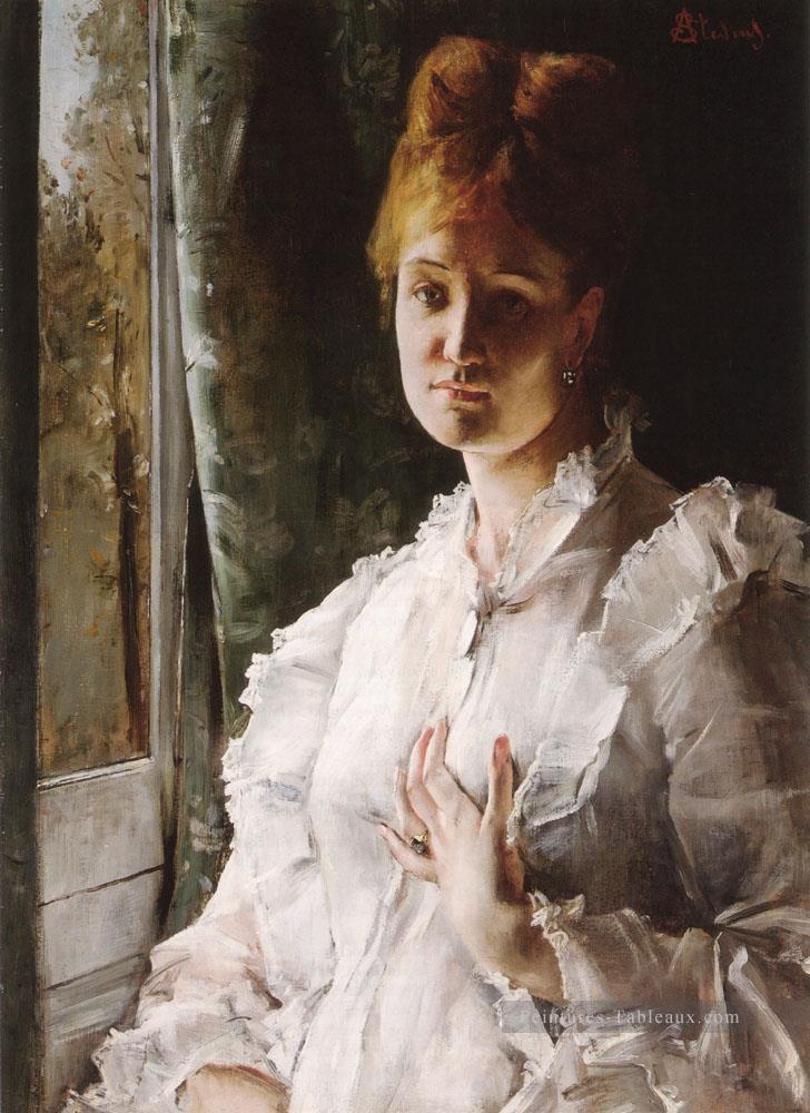 Portrait d’une femme en blanc dame Peintre belge Alfred Stevens Peintures à l'huile